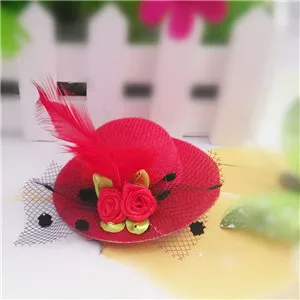 New Fashion Party Cap Hairpins Festival Hat Ribbon Flower Cute With Fur Barretes Children Hair Accessories Hair Clip for Girls - Цвет: red