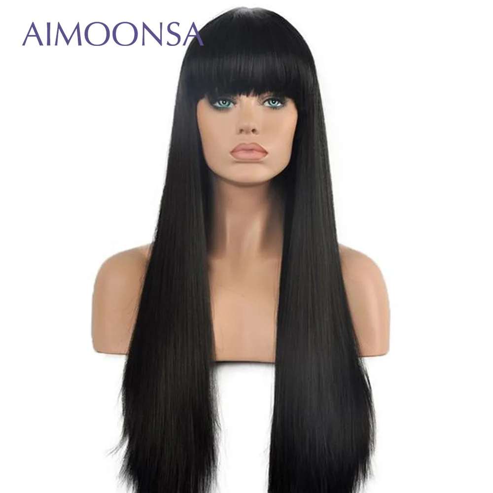 

Yaki Straight Human Hair 360 Lace Frontal Wig Brazilian Wig Natural Human Hair Wigs With Bangs For Women Black Remy Aimoonsa