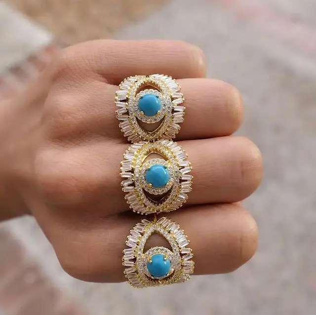 

Christmas gift Luxury Turkish evil eye jewelry ring Gold color Baguette clear cz blue turquises main stone cute women nice rings