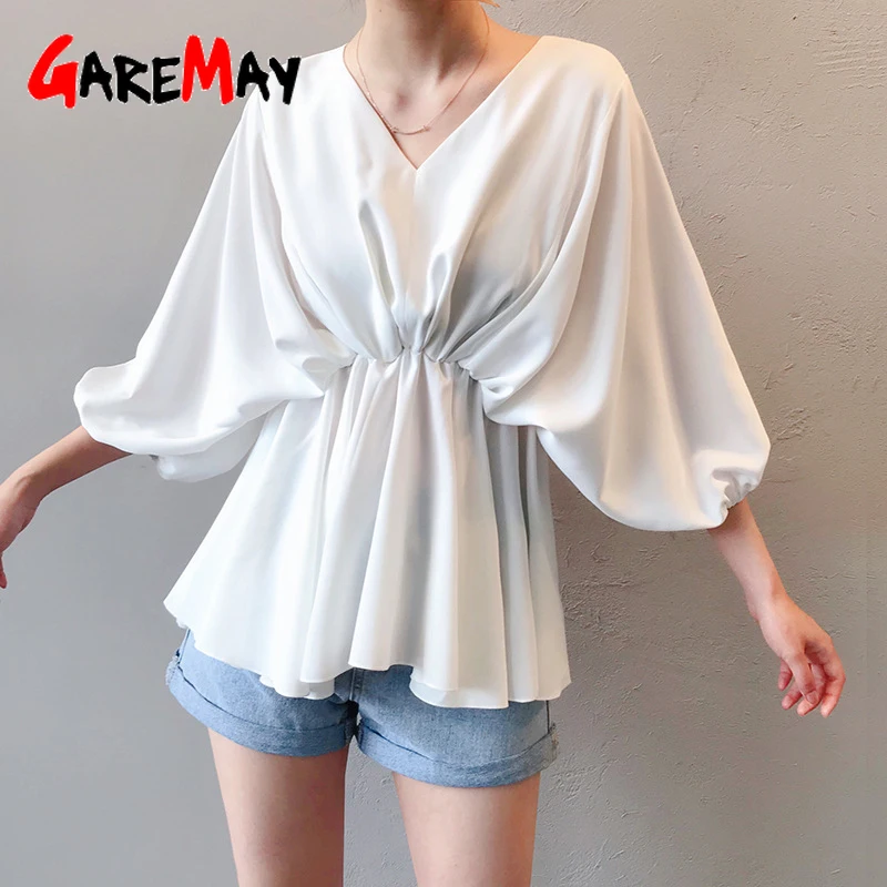 

GareMay Blouses Woman 2019 Womens Tops and Blouses Chiffon Plus Size Blouse Women Ladies Tops White Red Black Shirt V-Neck