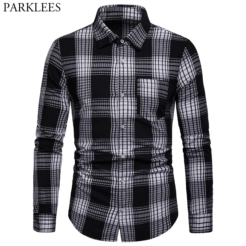 Mens Hipster Plaid Shirt Casual Square Collar Male Black Button Up Dress Shirts Long Sleeve Check Street Wear Chemise Homme Tops