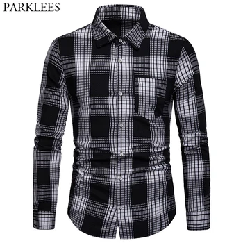 

Mens Hipster Plaid Shirt Casual Square Collar Male Black Button Up Dress Shirts Long Sleeve Check Street Wear Chemise Homme Tops