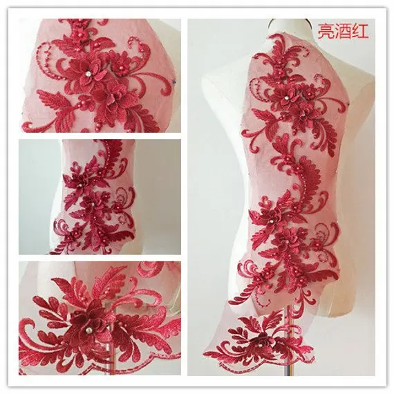 1 шт. телесный розовый тяжелый бисерные Кружева с аппликацией, 3D Кружевная аппликация с жемчугом, 3d Цветочная аппликация - Цвет: wine red-ABC
