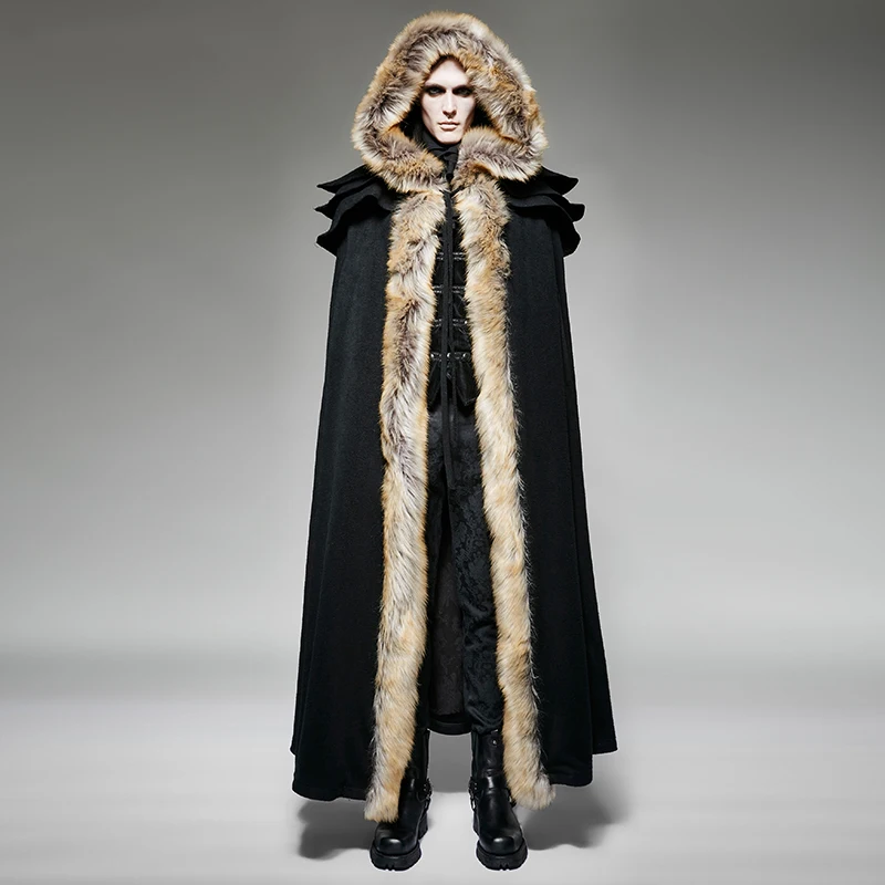Готический панк осенне-зимние длинные шерстяной воротник плащ пальто Для мужчин Винтаж Длинный плащ Накидки теплые пальто с капюшоном
