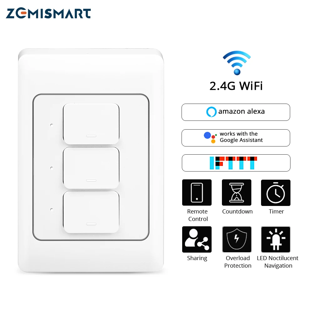 Zemismart Wi-Fi настенный пуш-ап светильник переключатель Alexa Google Home позволяют Tuya Smart Life APP Управление US 1 Gang 2/3 банды Умные выключатели