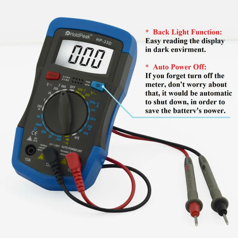 

HoldPeak HP-33D Mini Multimetro Digital Multimeter Ammeter Voltmeter Ohmmeter hFE Current Tester and LCD Backlight