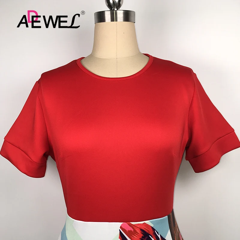 red Floral Print Short Sleeve Pencil Midi Dress 