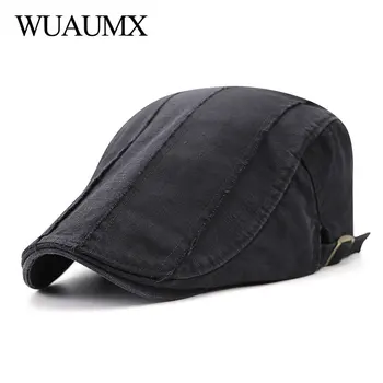 

Wuaumx 2018 NEW Retro Berets Caps For Men Cotton Simple Casual Peaked Caps visor Adjustable Flat Hats chapeau homme ete 6 Colors