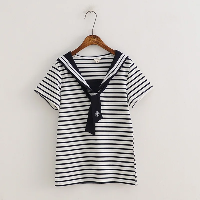WXCTEAM/рубашка с матросским воротником; летняя футболка для девочек; Повседневная футболка в японском стиле Лолиты; женский топ в полоску с имитацией воротника; футболка - Цвет: Light Strip