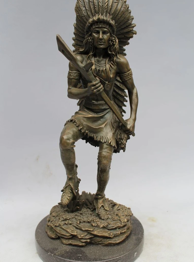

13" Western Art Sculpture Pure Bronze Marble Indians Huntsman Statue