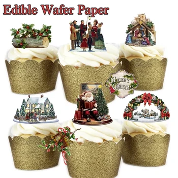

Mix Christmas Pattern Edible Wafer Cupcake Toppers, Pre-Cut,Christmas Party Cake/Cupcake Creative Decoration Tools