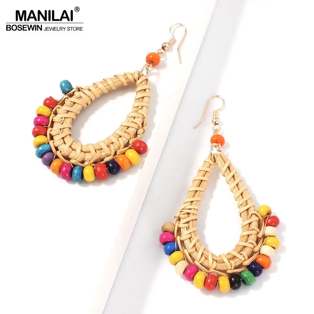 

MANILAI Bohemian Straw Rattan Water Drop Earrings Multicolor Resin Bead Earrings Statement Dangle Earring Ethnic Jewelry