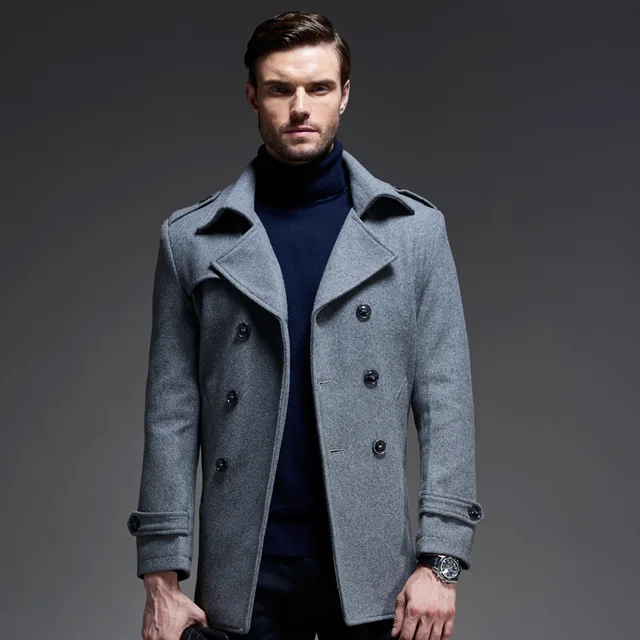 New Winter Fashion Wool Blend Mens Pea Coat Long Black Trench Coat Mens ...