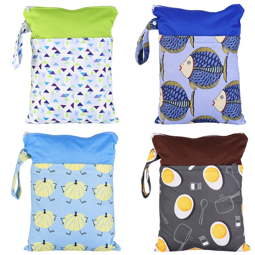 

[simfamily] 36*28CM Wet Bag Waterproof Printed Diaper Bag Double Pocket Cloth Handle Cartoon diaper bag Mummy bag