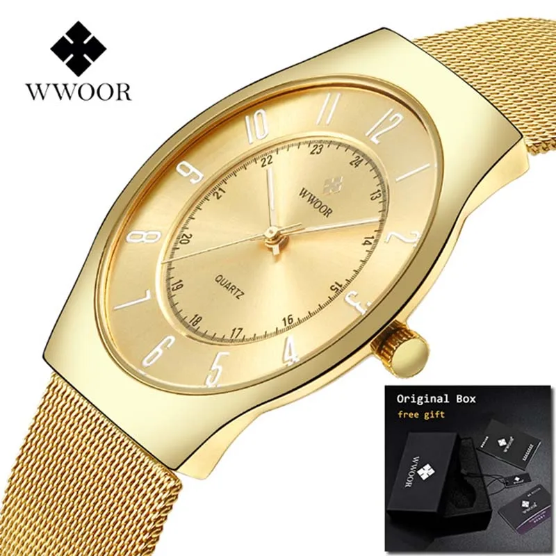 

WWOOR 2019 Men's Watch Top Brand Luxury Men Ultra Thin Gold Watch Minimalist Stainless Steel Wristwatch Mensorologio uomo