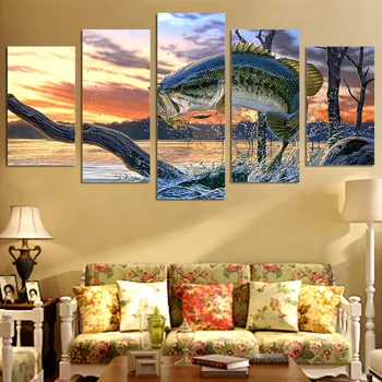 

Modular Canvas Wall Art Pictures Home Decor Living Room Modern HD Prints Poster 5 Pieces Jumping Bass Fishing Painting Framework