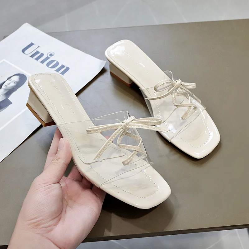

2019 Summer Women Shoes Pvc Transparent Lace-up Slippers Wedge mid heel Slippers for Women Square Heel Ladies Sandals