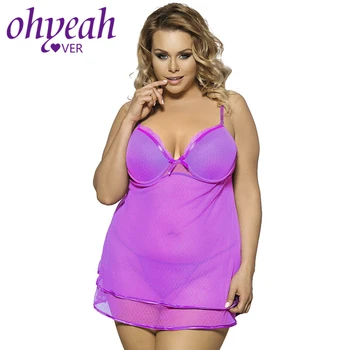 

Ohyeahlover Sexy-lingerie Seksi Bayan Gecelikler Hot Erotic Lingeries Costume RM70041 Sexy Purple Sheer Mesh Plus Size Babydoll