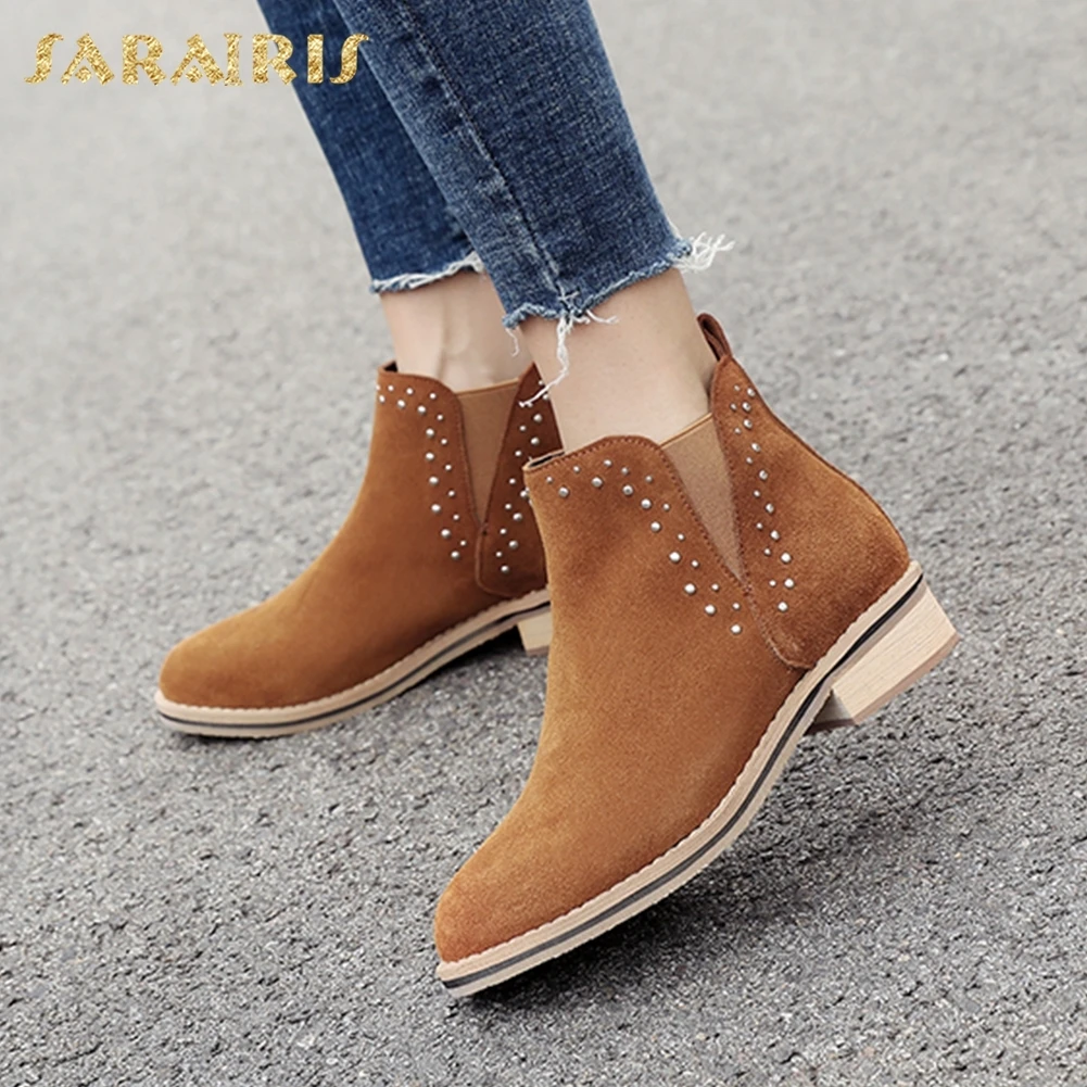 

SARAIRIS Brand new Cow Suede plus Size 33-43 Square Heels Elastic Band Shoes Woman Boots Wholesale Shoes Woman Ankle Boots