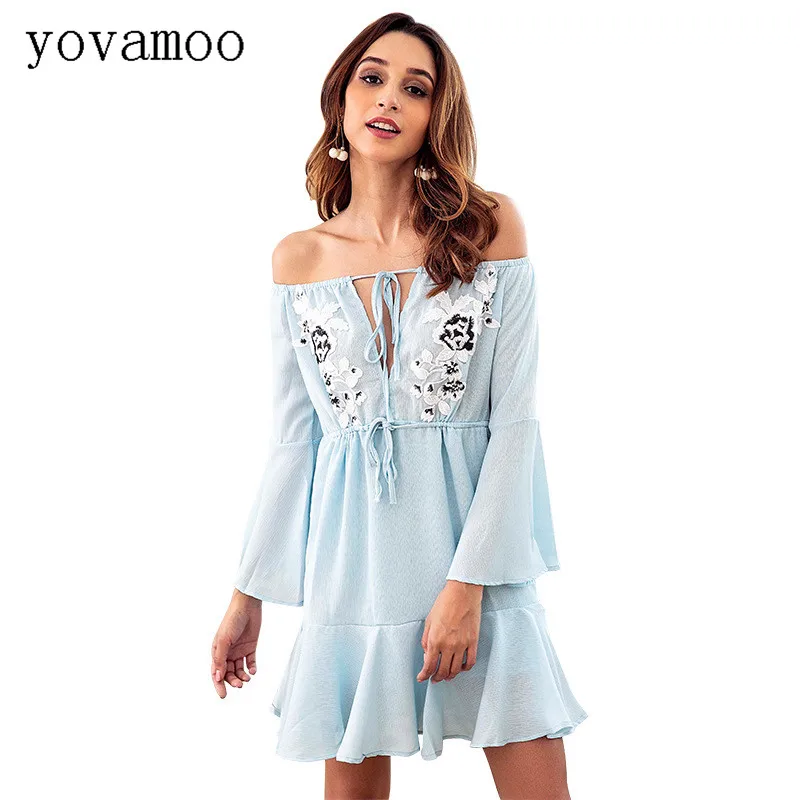 

Yovamoo Ruffle Bow Empire Dress 2018 Autumn Floral Applique Slim Waist Chiffon Drawstring Sexy Off Shoulder Flare Sleeve Dresses