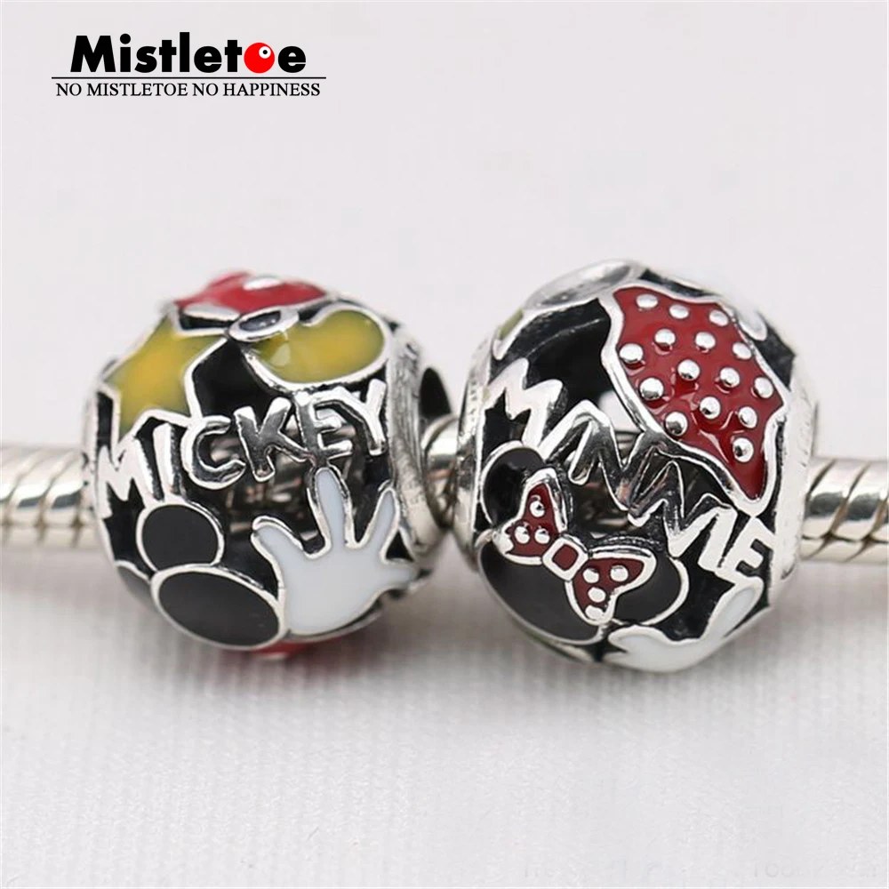 

Original Mickey & Minnie Beads Fit European Bracelets Enamel Charms Authentic 925 Sterling Silver Black Pink Cartoon Charm