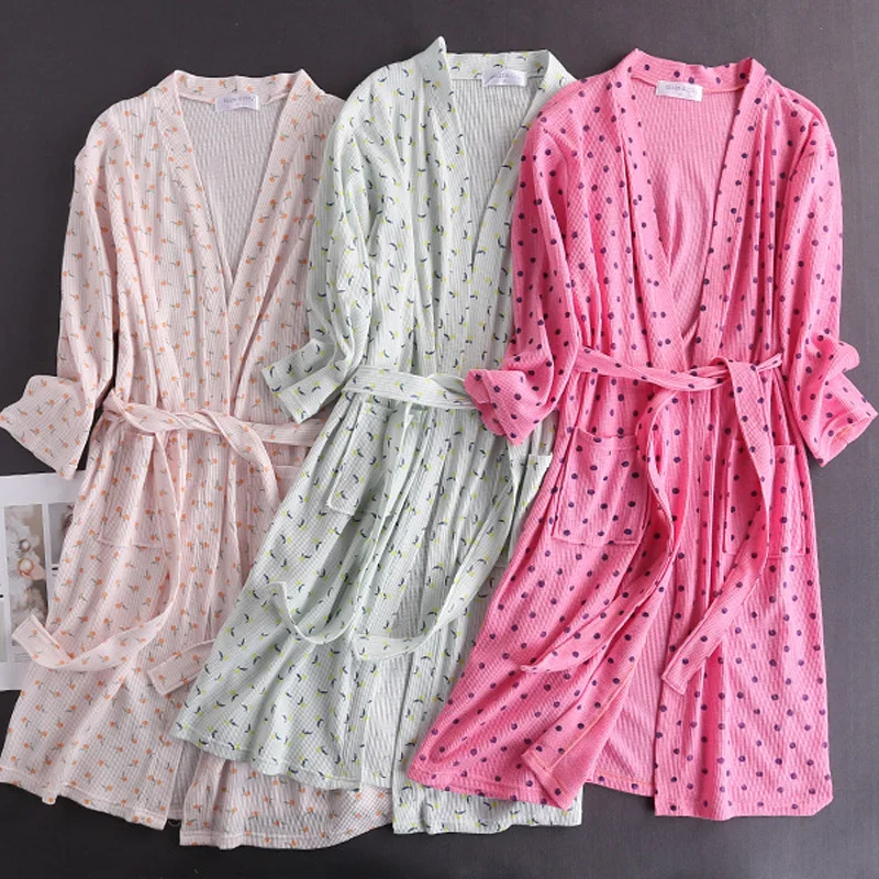 Waffle Bathrobe Kimono Robe Dressing Gowns for Women Home Clothes