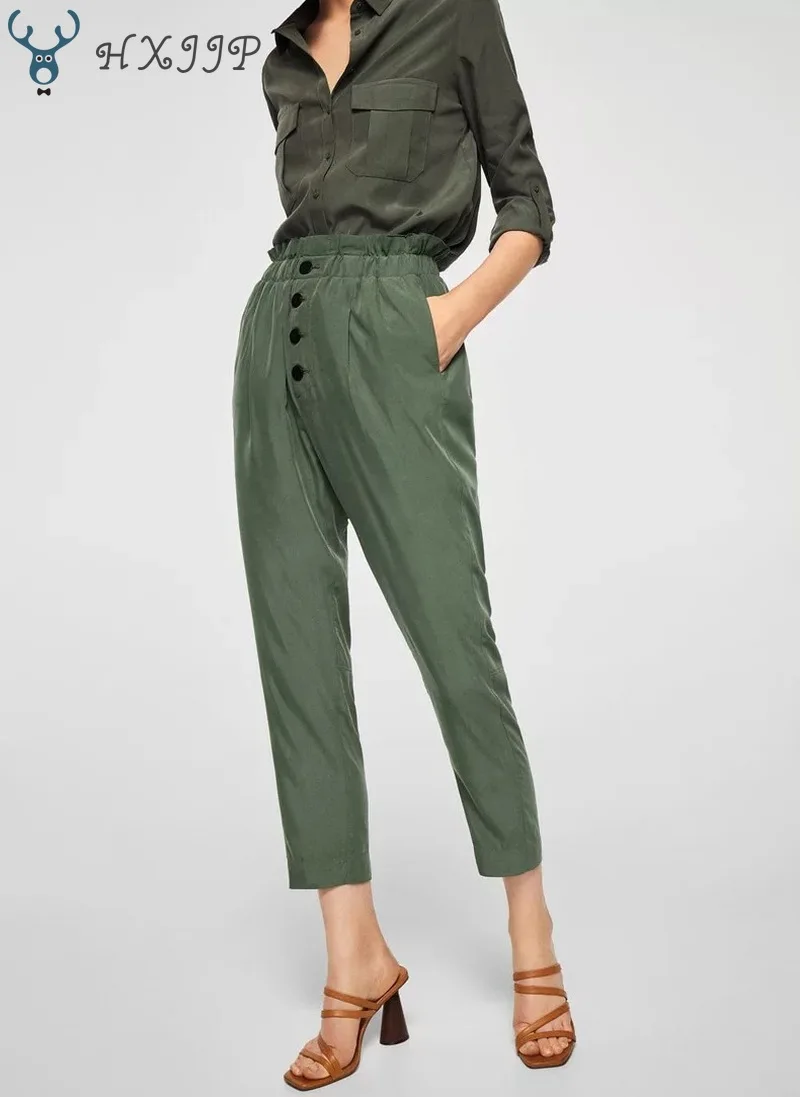 

HXJJP Spring and Summer New Button Silk Casual Pants Female Fashion Pants Solid High Waist Straight Women's Trousers