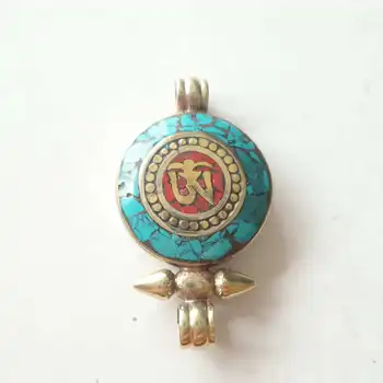 

TGB257 Tibetan OM Amulet Prayer Box Locket Copper Inlaid Stone Pendants