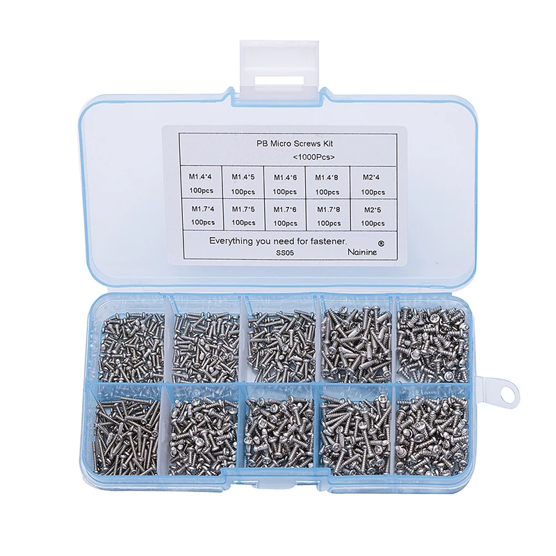 

1000Pcs/set M1.4 M1.7 M2 PB Pan Head Electronic Micro Screws Nickel Phillips Self-tapping Phone Screw Kit SS05