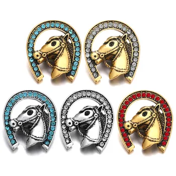 

6pcs/lot New Snap Jewelry Rhinestone Horse Head 18mm Metal Gold Snap Buttons fit Snap Bracelet Bangles Buttons Jewelry ZA2021