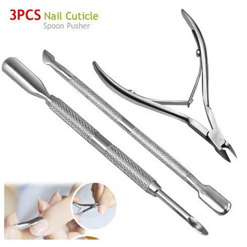 

3 Pcs Stainless Steel Nail Tool shovel Cuticle Nipper Spoon Pusher Remover Cutter Clipper manicure nail