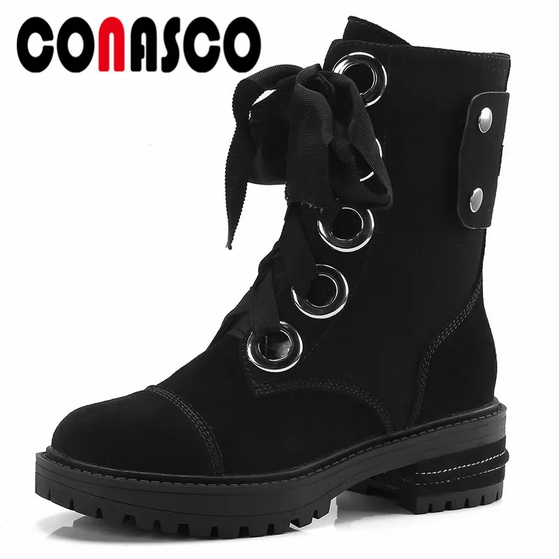 

CONASCO Punk Sexy Women High Heels Motorcycle Boots Genuine Leather Lace Up Autumn Winter Shoes Woman Round Toe Short Basic Boot