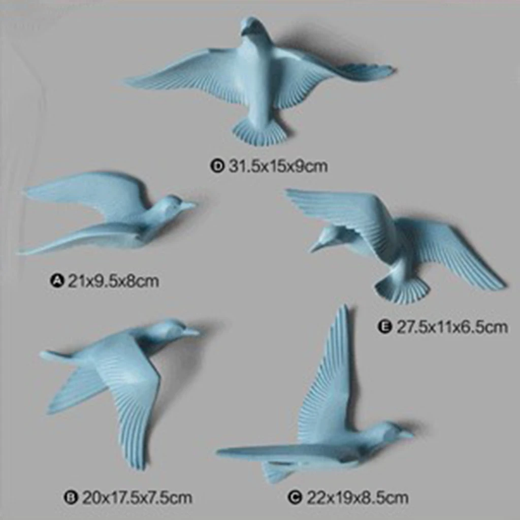5Pcs 3D Resin Seagull Shaped Bedroom TV Background Wall Hanging Decor Blue 