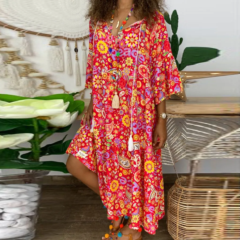 

Women's Ladies Boho Style Floral Print Plue Size Loose Casual Sundress Long Sleeve V-neck Ankle Length Summer And Autumn Dress