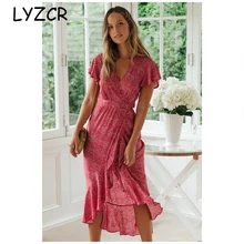 LYZCR женщины; Лето; в стиле бохо Макси длинное платье вечерние V образным вырезом пляжные оборки женские платья Сарафан Цветочные H Дамское Платье Лето