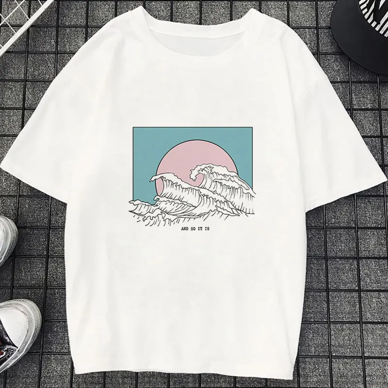 Новинка, Camisetas Verano Mujer,, Harajuku, Kawaii, волнистая, эстетическая, винтажная, парная Футболка, женская, Vogue, повседневная, с принтом, короткий рукав, Топ - Цвет: 1752