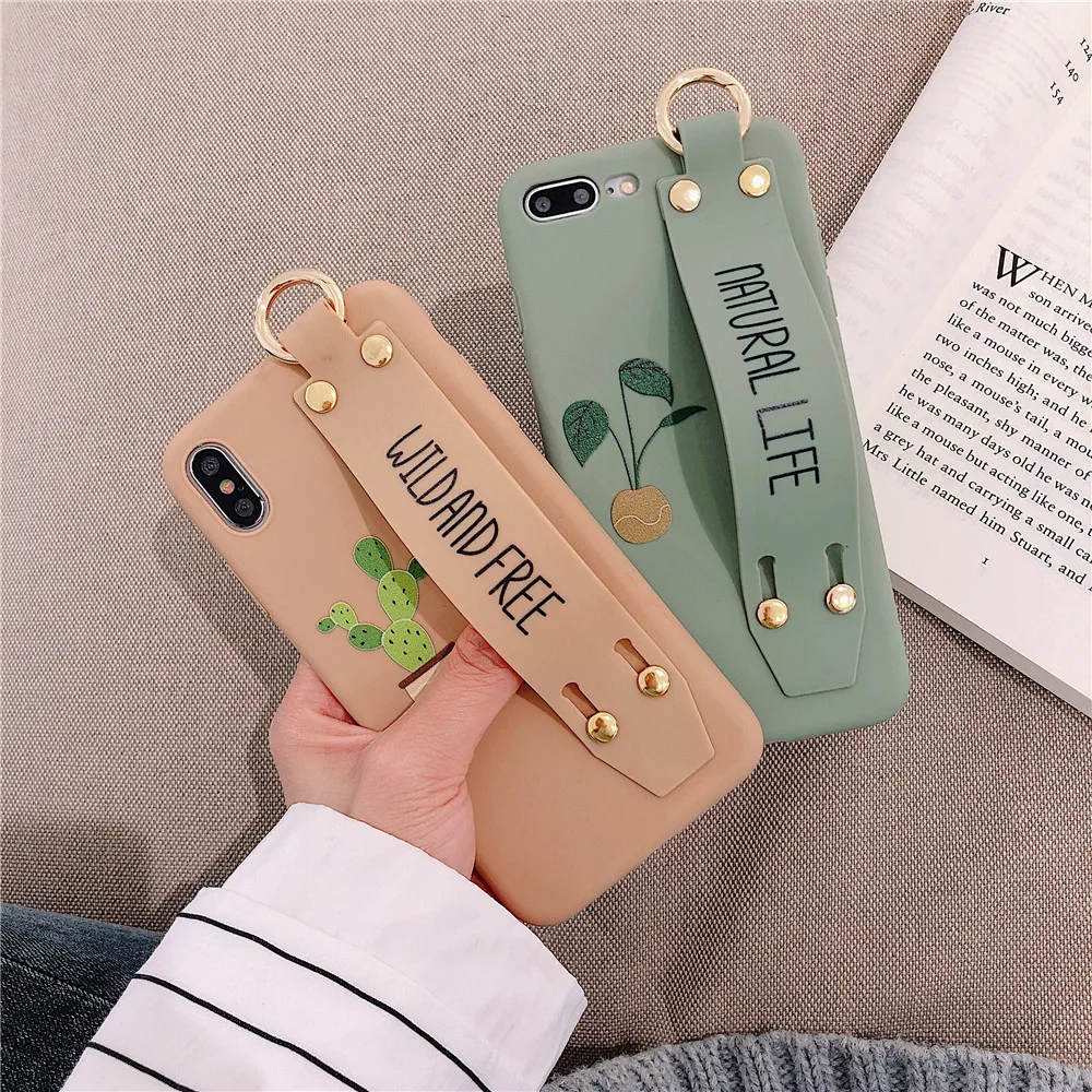 Cactus Green Plant Couples Case For iPhone 11 pro X XS MAX XR Fresh Wrist Strap Silicone Phone Cover 6 6s 7 8Plus Cases |
