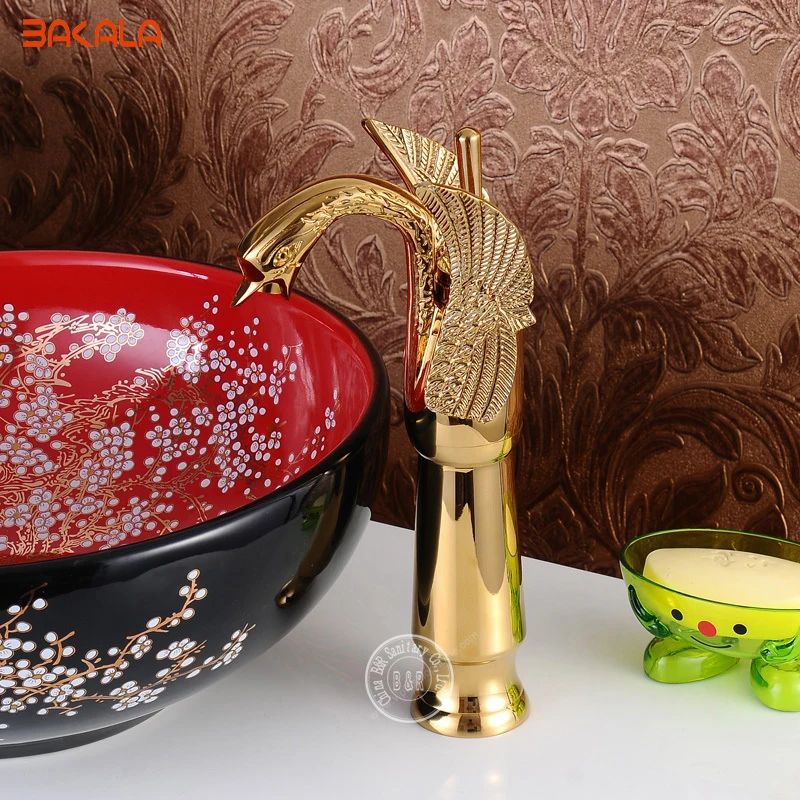 

Free shipping BAKALA Sanitary Kitchen Basin Sink Swan Golden finished Faucet Swivel Mixer Tap NEW BR-11001
