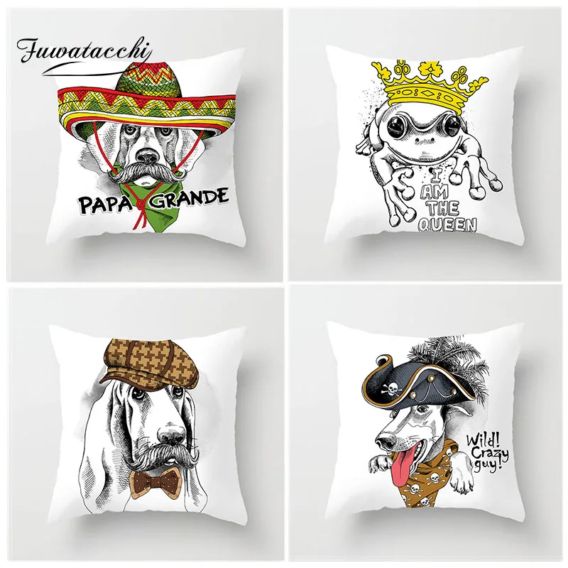 cheap Fuwatacchi Colorful Hat Dog Cushion Cover Frog Horse Bulldog Pillow Cover For Chair Home Sofa Decorative Pillows Square 45*45cm