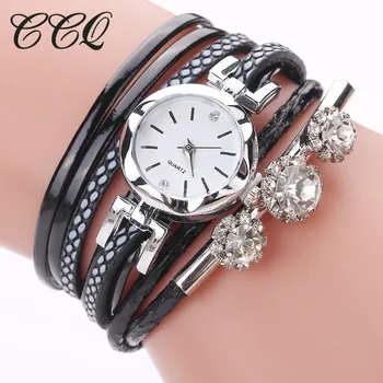 

CCQ Brand Women Bracelet Rhinestone Quartz Watches 2017 New Ladies Fashion Leather Dress Clock Vintage Watches Drop Shipping