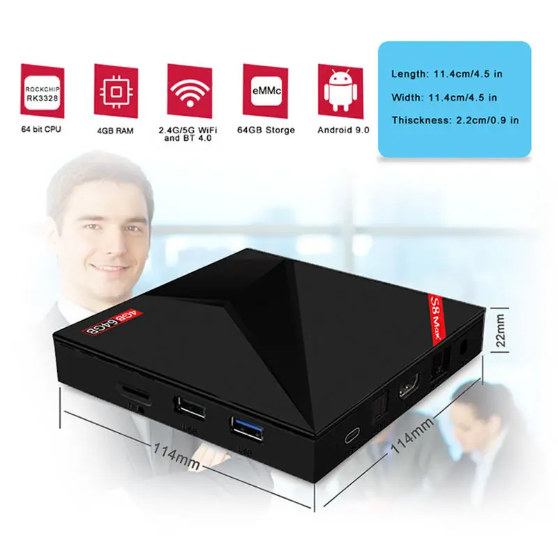 S8 Max + Android 9,0 Tv Box Rk3328 чип 4 K Hd 4 Gb + 64 Gb 2,4G/5 ГГц Wi-Fi 4 K Smart Tv Box (США Plug)