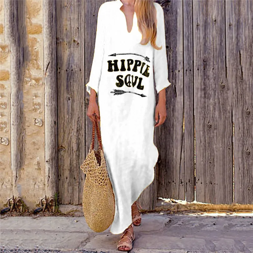 Letter Print Dress Women Long Sleeve Loose Beach Dress Plus Size V Neck Sexy Dress Casual Vestidos De Verano 40JUL128