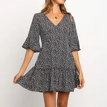 Повседневное свободное платье летнее женское Короткое мини платье для отдыха с v-образным вырезом и расклешенными рукавами элегантное женское платье-туника сарафан