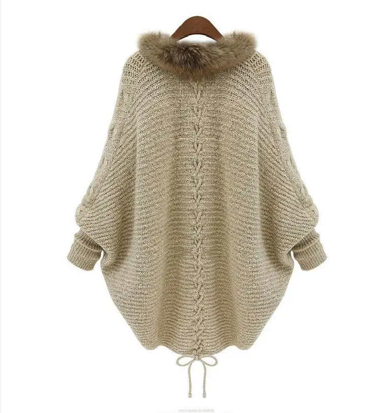 2018 Oversize Autumn Cape Winter Women Fur Neck Knitted Cardigans Female Long Batwing Sleeves Vintage Open Stitch Sweater Shirt