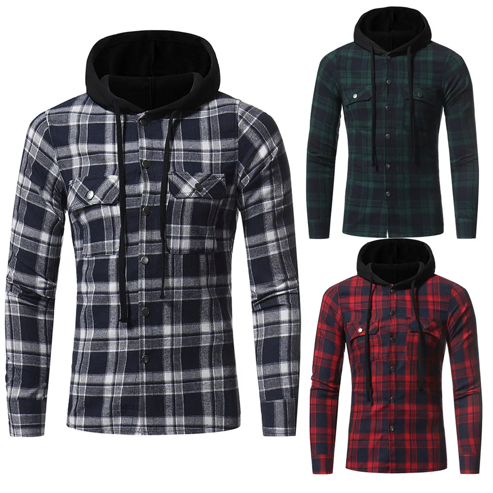 

Men's Autumn Winter Long Sleeved Plaid Hooded Shirt Top coat jacket 2018 boy male winter warm thicken coat jacket ship from USA