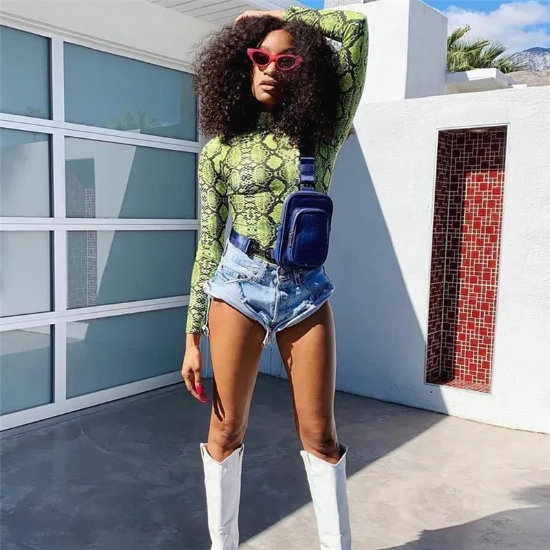 

2019 Summer Women's Round Collar Long-sleeved Body Serpentine Print Jumpsuit Sexy Green Serpentine Bodysuit Fashion Nova Woman