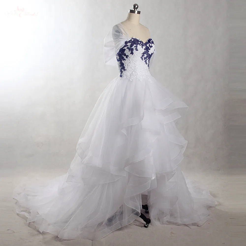 RSW1395 Yiaibridal настоящая работа фотографии Тюль с открытыми плечами синяя белая аппликация из кружева с оборками свадебное платье с высоким низким подъемом