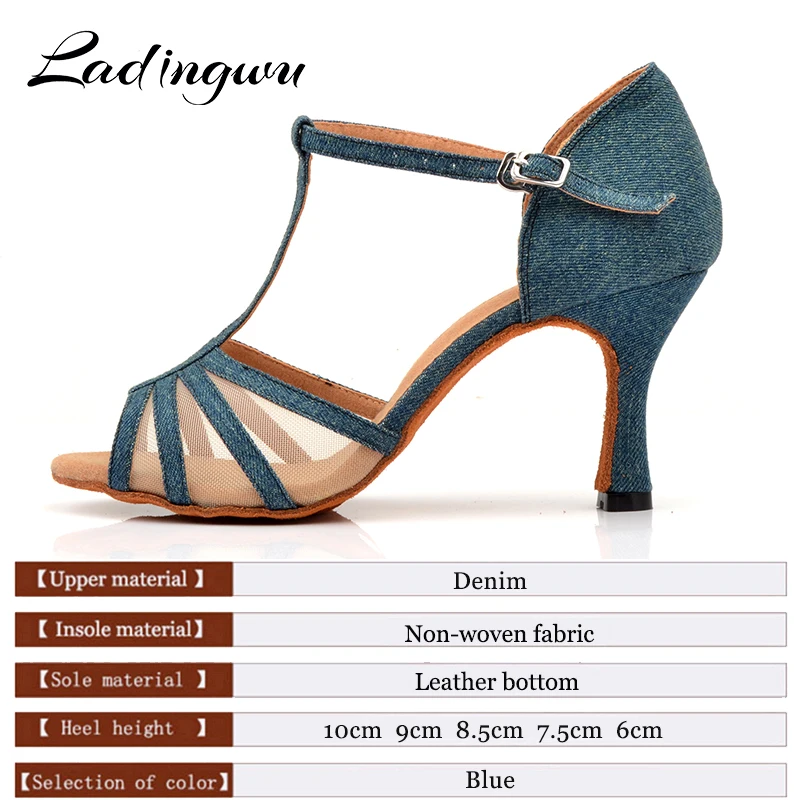 Ladingwu New Denim And Net Latin Dance Shoes Woman's Comfort Professional Salsa Shoes Dancing Cuba Heel Dance Shoes sandals
