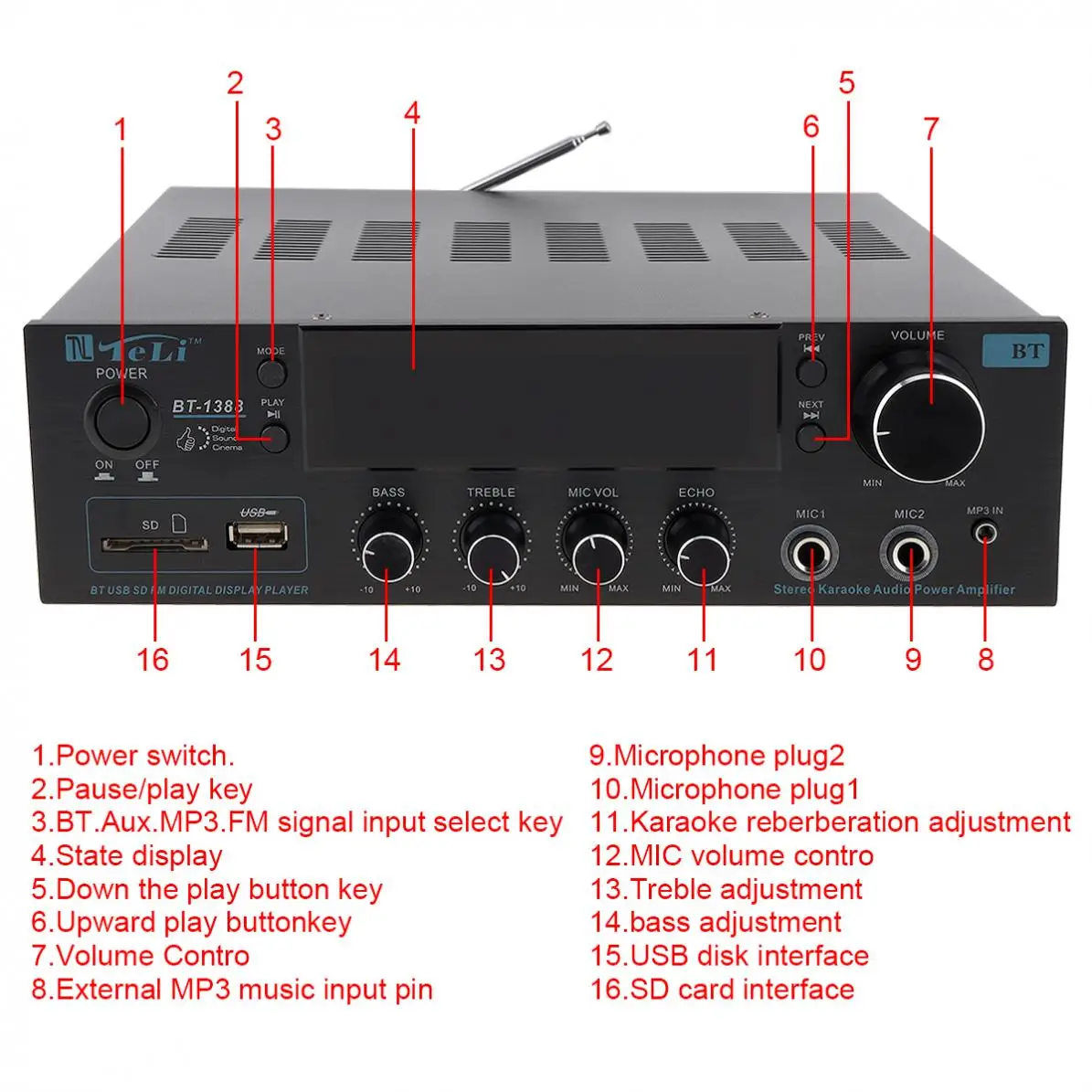 200 Вт, 220 В, Bluetooth, ЖК-дисплей, стерео, FM радио, мощный плеер, поддержка SD/USB/микрофонный вход, автомобильный усилитель, усилители, аудио