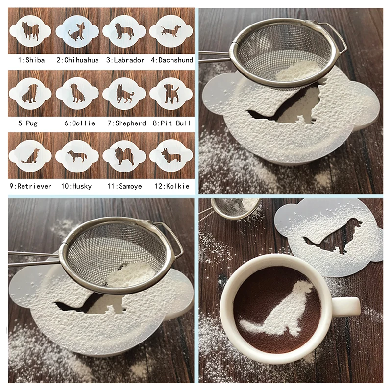 

Animal 12Pcs Dog Coffee Cappuccino Cocoa powder Stencil Mold Cake Moulds Cupcake Template Barista Strew Pad Duster Tools